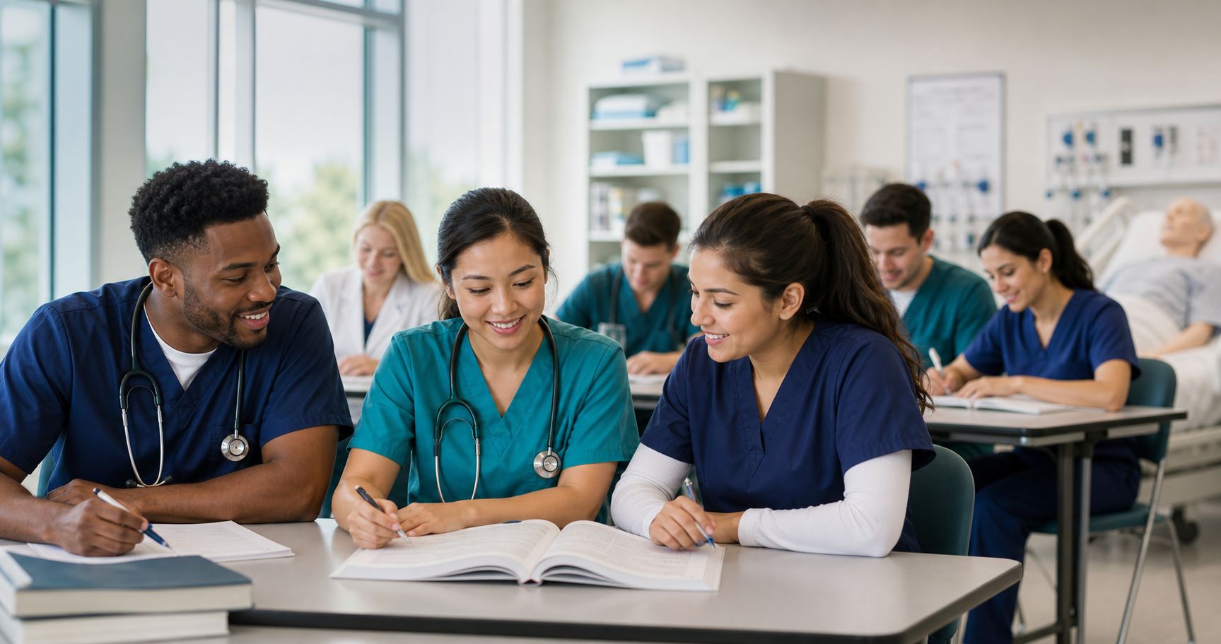 Healthcare students training together in a classroom
